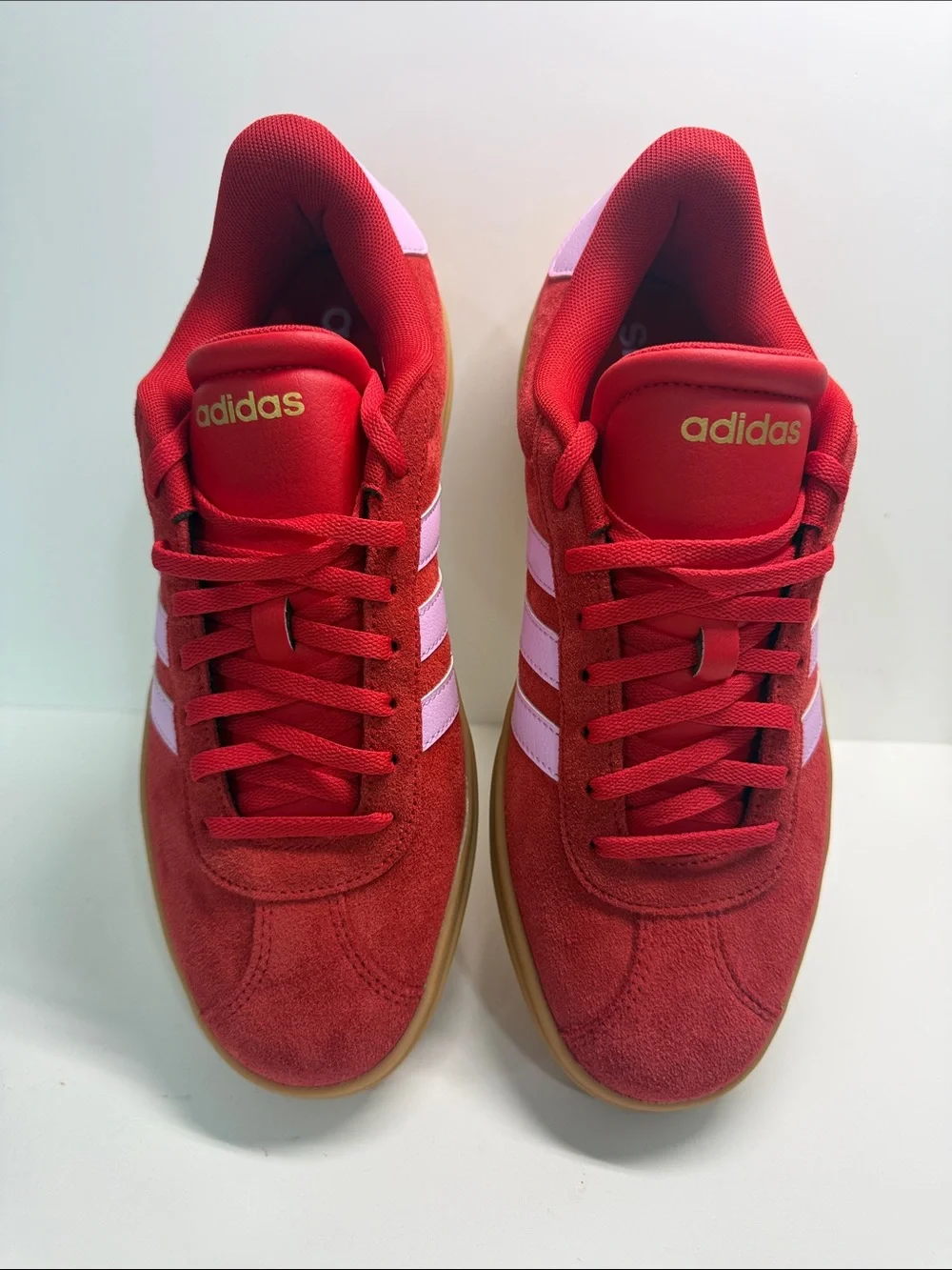 adidas Woman’s Red Suede Platform Sneakers with Pink Stripes. Size 9.5